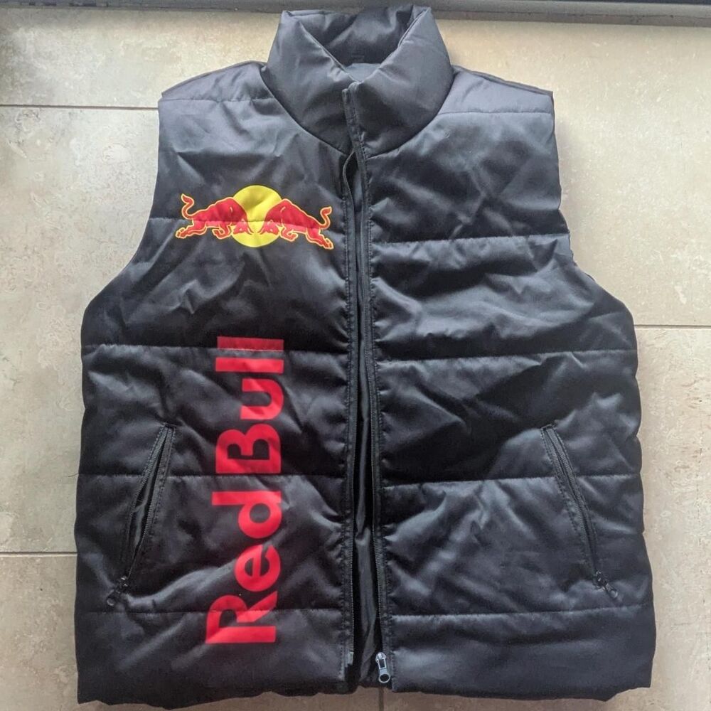 Y2K Black Red Bull Promotional Puffer Vest Gilet Zip Up